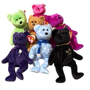 Ty Plush Bear Collection Bundle - Green, Pink, Brown, Blue, Purple, Black